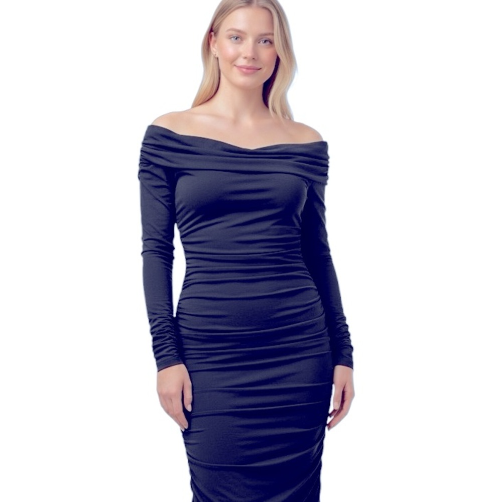 Tadashi Shoji Navy Blue Old Money Wide Neck Bodycon Ruched Drapey Dress S